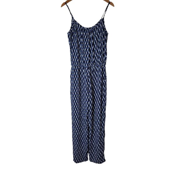 Karen Kane Womens Jumpsuit L Blue White Ikat Print Boho Resort Made in USA - Picture 7 of 9